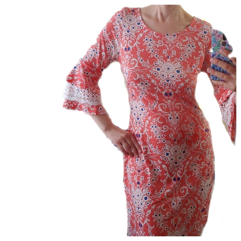 Glamour floral bell sleeves midi dress lace textured size 6